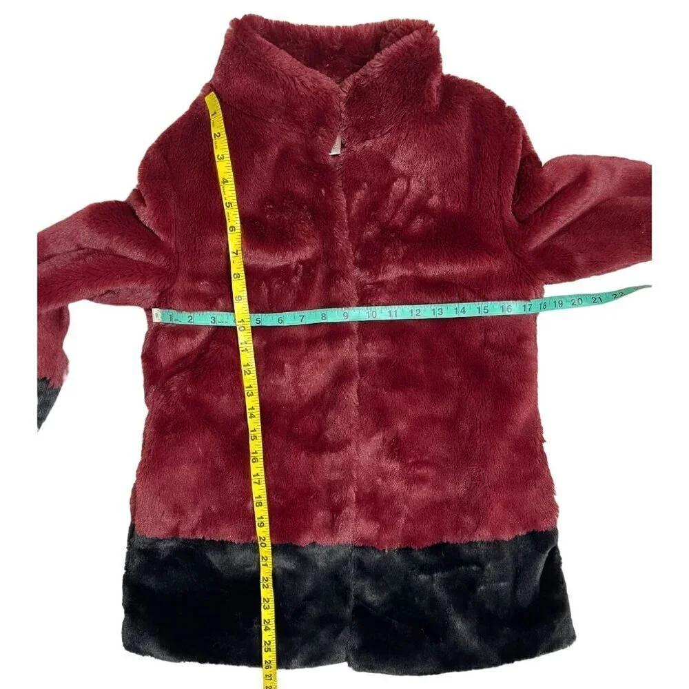 Trina Turk Blanche Faux Fur Coat Burgundy Black Colorblock Jacket XS Oversized